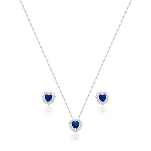 Conjunto prata 925 coração detalhe borda cravejada